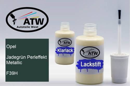 Opel, Jadegrün Perleffekt Metallic, F39H: 20ml Lackstift + 20ml Klarlack - Set, von ATW Autoteile West.